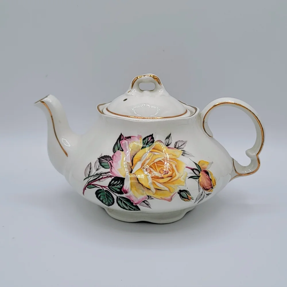 Vintage Ellgreave Wood & Sons Ironstone Teapot Roses England 1960s Small Floral